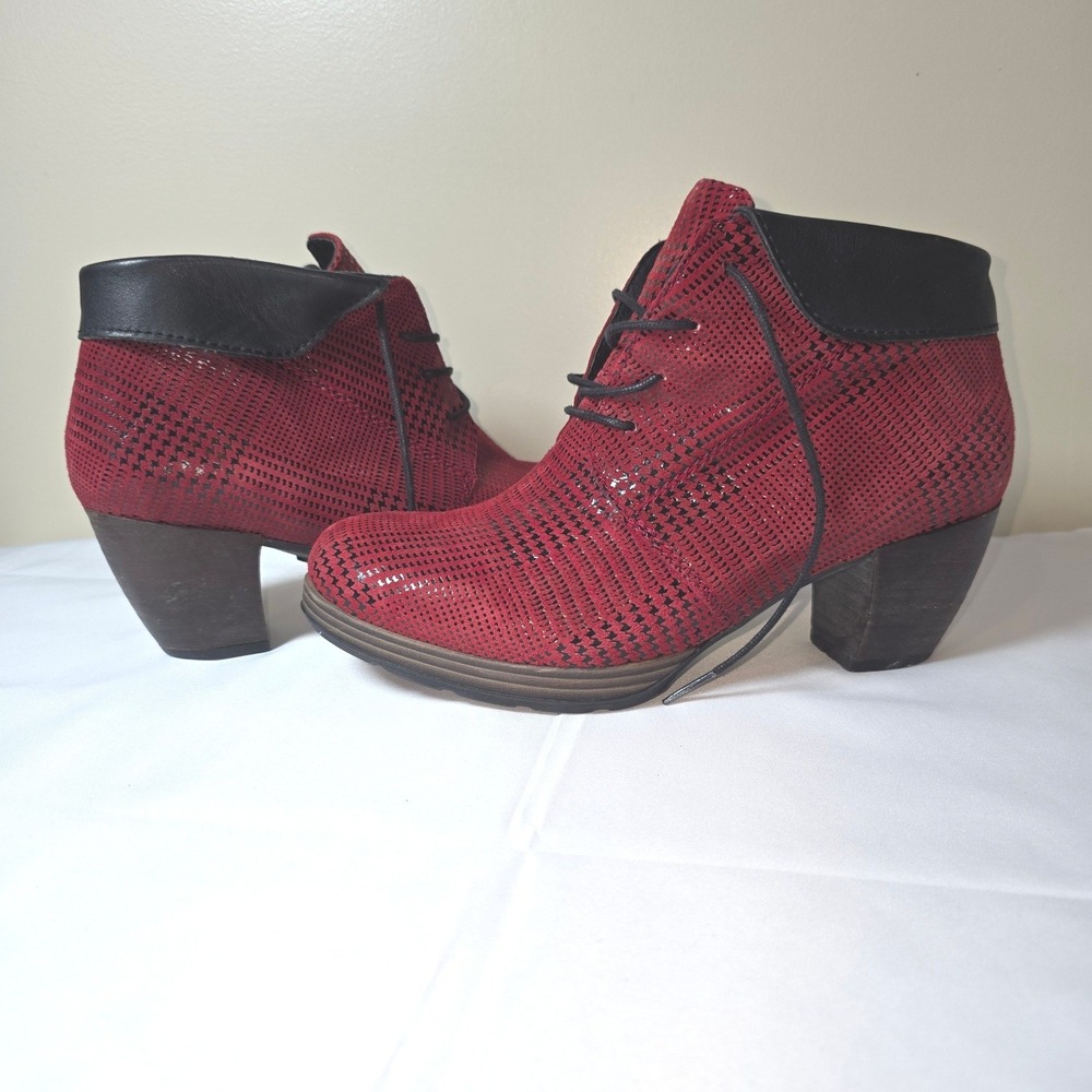 Wolky Jackery Red Houndstooth Leather Lace‎ Up Ankle Boots EU 38 US 7.5